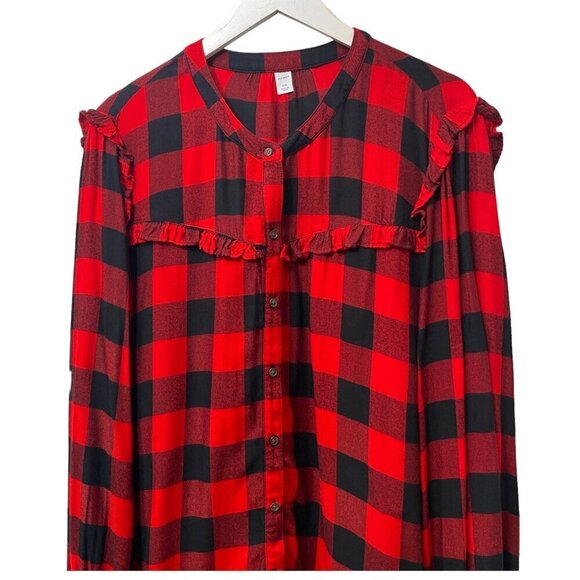 OLD NAVY Buffalo Plaid Ruffle Shirt XXL Rayon Flannel Womens Top - Picture 2 of 9